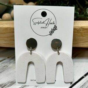 Handmade Sculpted Hearts White Arch Polymer Clay Earrings. New